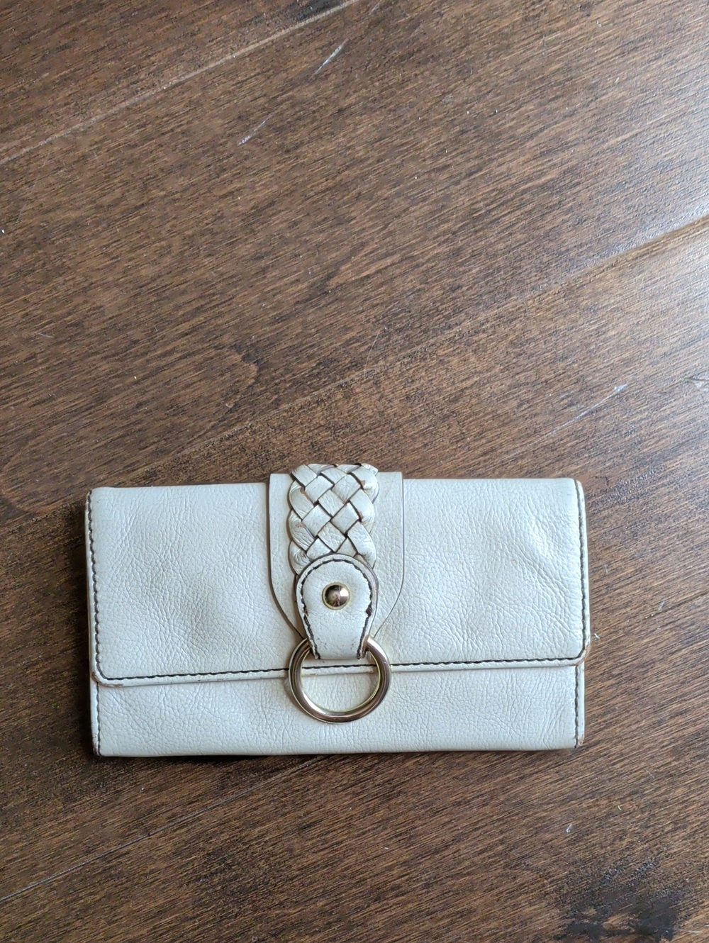 Banana Republic Cream Leather Wallet with Braided Strap and Gold Ring